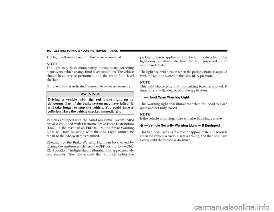 Ram 1500 2020 Service Manual 180 GETTING TO KNOW YOUR INSTRUMENT PANEL
The light will remain on until the cause is corrected.
NOTE:
The light may flash momentarily during sharp cornering
maneuvers, which change fluid level Ram 1500 2020 Service Manual 180 GETTING TO KNOW YOUR INSTRUMENT PANEL
The light will remain on until the cause is corrected.
NOTE:
The light may flash momentarily during sharp cornering
maneuvers, which change fluid level