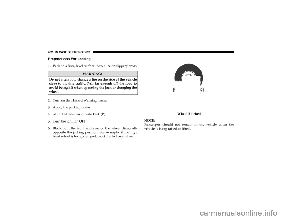 Ram 1500 2020  Owners Manual 462 IN CASE OF EMERGENCY
Preparations For Jacking
1. Park on a firm, level surface. Avoid ice or slippery areas.
2. Turn on the Hazard Warning flasher.
3. Apply the parking brake.
4. Shift the transmi
