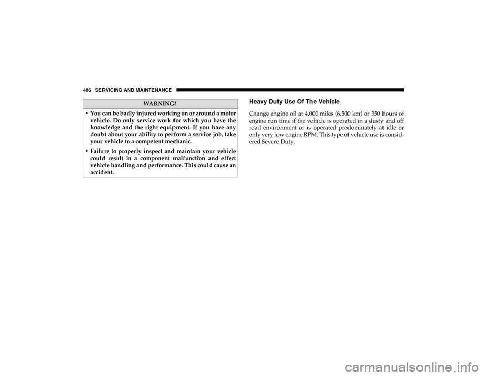 Ram 1500 2020  Owners Manual 486 SERVICING AND MAINTENANCE
Heavy Duty Use Of The Vehicle
Change  engine  oil  at  4,000 miles  (6,500 km)  or  350  hours  ofengine run time  if  the vehicle is  operated  in  a  dusty  and off
roa