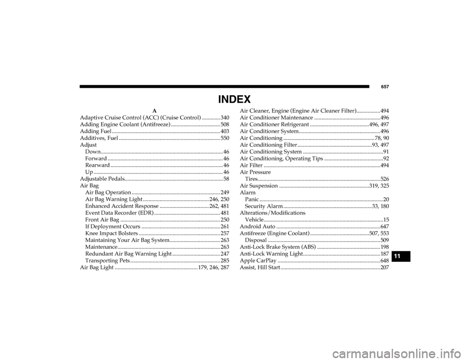 Ram 1500 2020 Manual Online 657
INDEX
A
Adaptive Cruise Control (ACC) (Cruise Control) ............. 340
Adding Engine Coolant (Antifreeze) ................................... 508
Adding Fuel ....................................