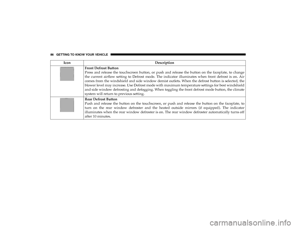 Ram 1500 2020  Owners Manual 86 GETTING TO KNOW YOUR VEHICLE
Front Defrost Button
Press  and  release  the  touchscreen  button,  or  push  and  release  the  button  on  the  faceplate,  to  change
the  current  airflow  setting