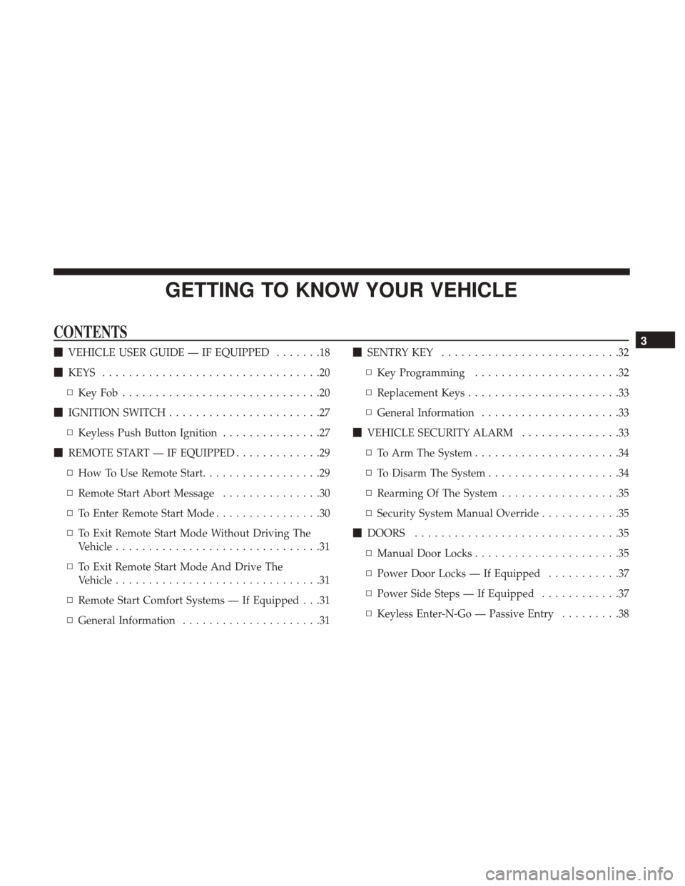 Ram 1500 2019  Owners Manual GETTING TO KNOW YOUR VEHICLE
CONTENTS
VEHICLE USER GUIDE — IF EQUIPPED .......18
 KEYS .................................20
▫ KeyFob..............................20
 IGNITION SWITCH ............