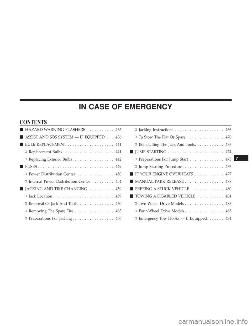 Ram 1500 2019  Owners Manual IN CASE OF EMERGENCY
CONTENTS
HAZARD WARNING FLASHERS ............435
 ASSIST AND SOS SYSTEM — IF EQUIPPED . . . .436
 BULB REPLACEMENT ....................441
▫ Replacement Bulbs .............