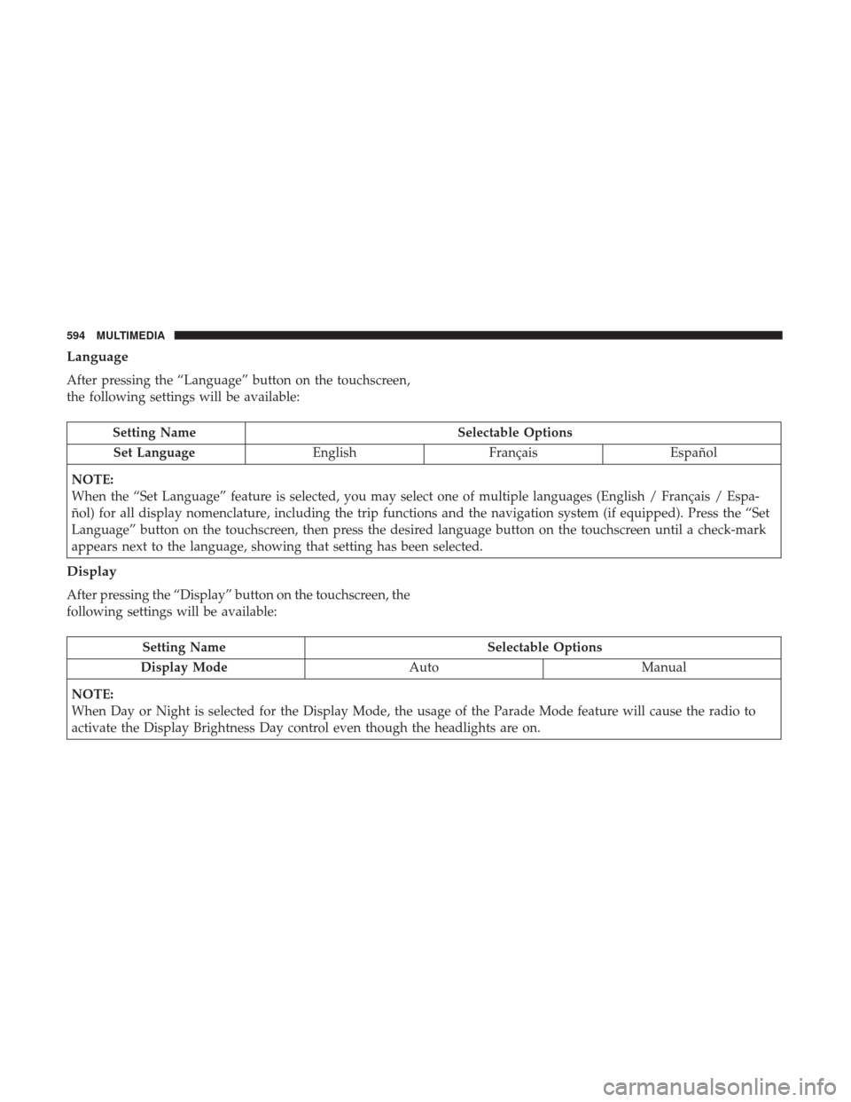 Ram 1500 2019  Owners Manual Language
After pressing the “Language” button on the touchscreen,
the following settings will be available:
Setting NameSelectable Options
Set Language EnglishFrançais Español
NOTE:
When the “