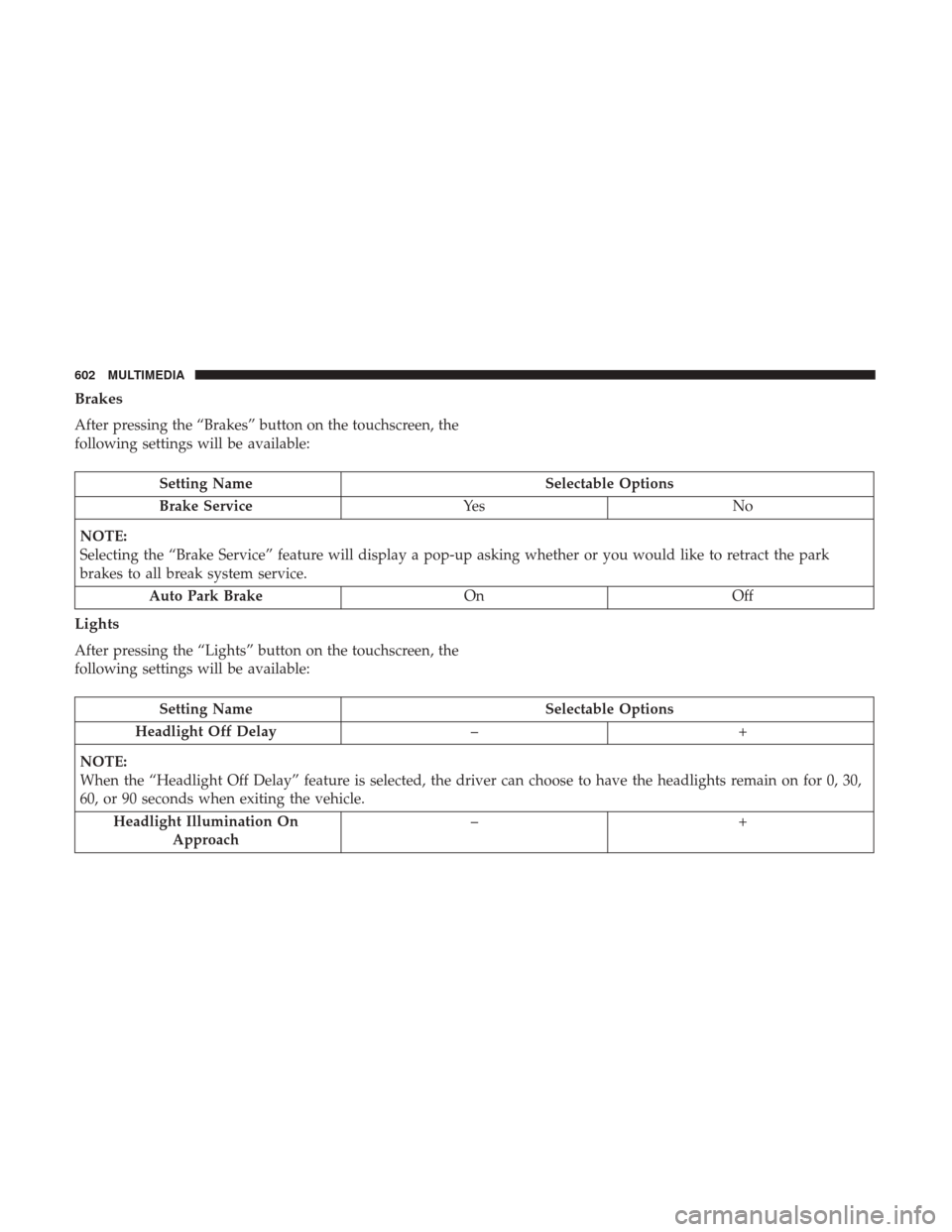 Ram 1500 2019  Owners Manual Brakes
After pressing the “Brakes” button on the touchscreen, the
following settings will be available:
Setting NameSelectable Options
Brake Service Ye sN o
NOTE:
Selecting the “Brake Service”