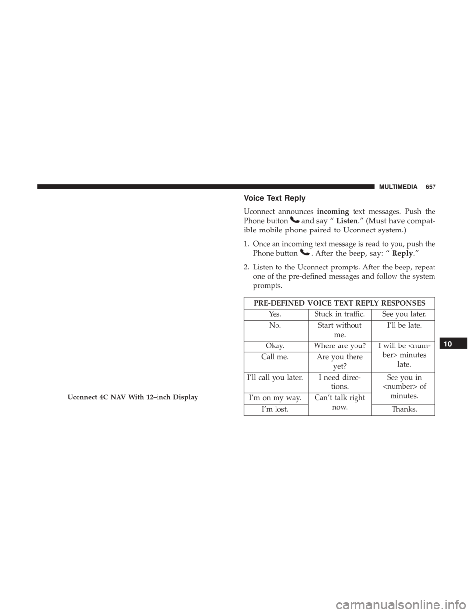 Ram 1500 2019  Owners Manual Voice Text Reply
Uconnect announcesincomingtext messages. Push the
Phone button
and say “ Listen.” (Must have compat-
ible mobile phone paired to Uconnect system.)
1. Once an incoming text message