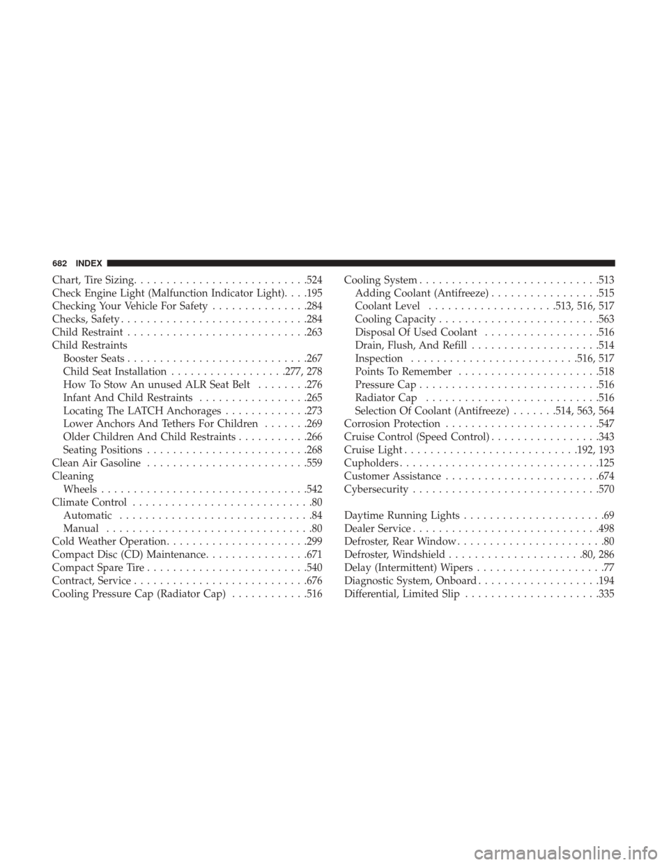 Ram 1500 2019 Service Manual Chart, Tire Sizing.......................... .524
Check Engine Light (Malfunction Indicator Light). . . .195
Checking Your Vehicle For Safety ...............284
Checks, Safety ........................