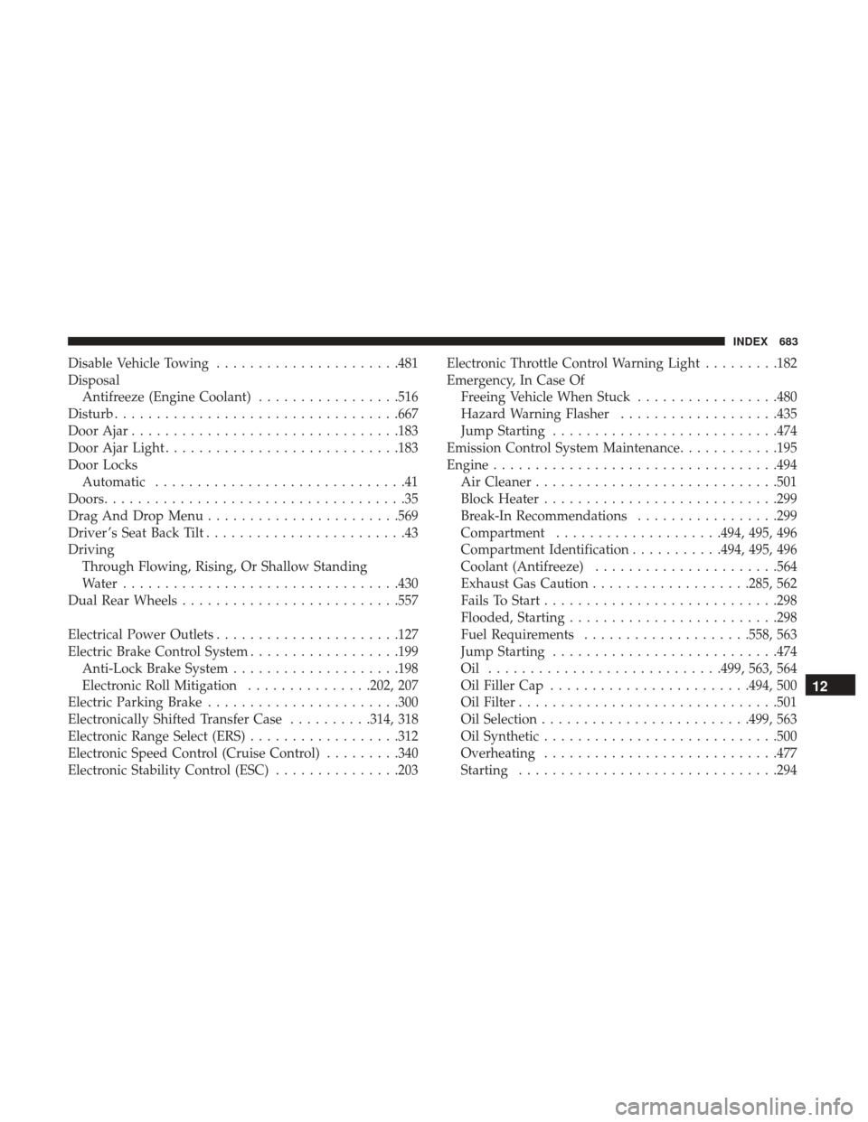 Ram 1500 2019 User Guide Disable Vehicle Towing..................... .481
Disposal Antifreeze (Engine Coolant) .................516
Disturb ................................. .667
Door Ajar ............................... .183