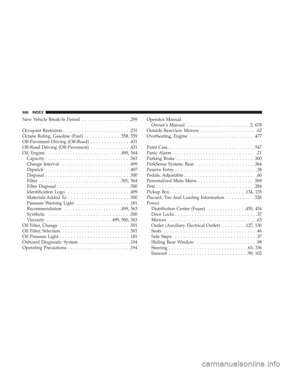 Ram 1500 2019 User Guide New Vehicle Break-In Period..................299
Occupant Restraints ........................ .231
Octane Rating, Gasoline (Fuel) ..............558, 559
Off-Pavement Driving (Off-Road) ...............