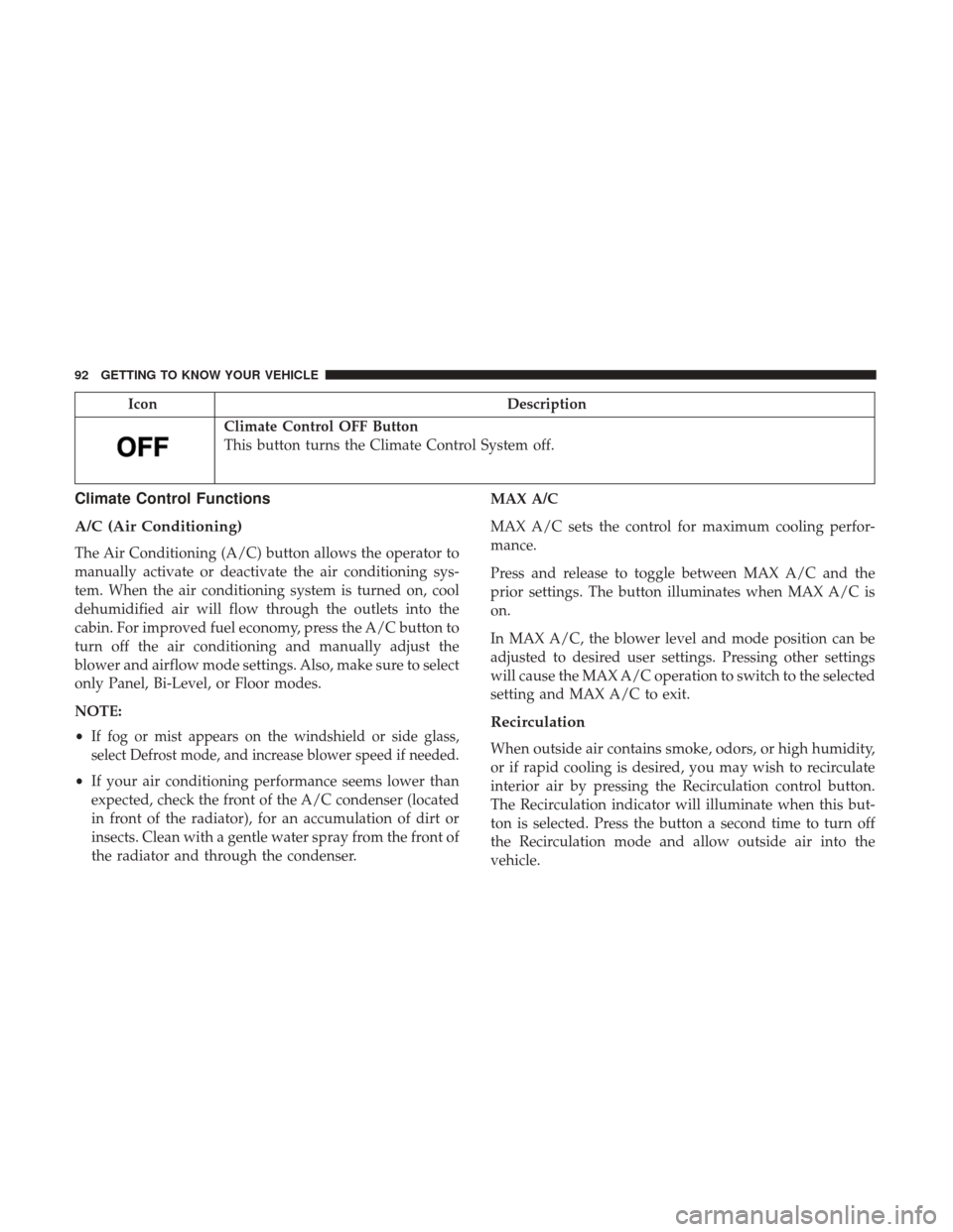 Ram 1500 2019  Owners Manual IconDescription
Climate Control OFF Button
This button turns the Climate Control System off.
Climate Control Functions
A/C (Air Conditioning)
The Air Conditioning (A/C) button allows the operator to
m