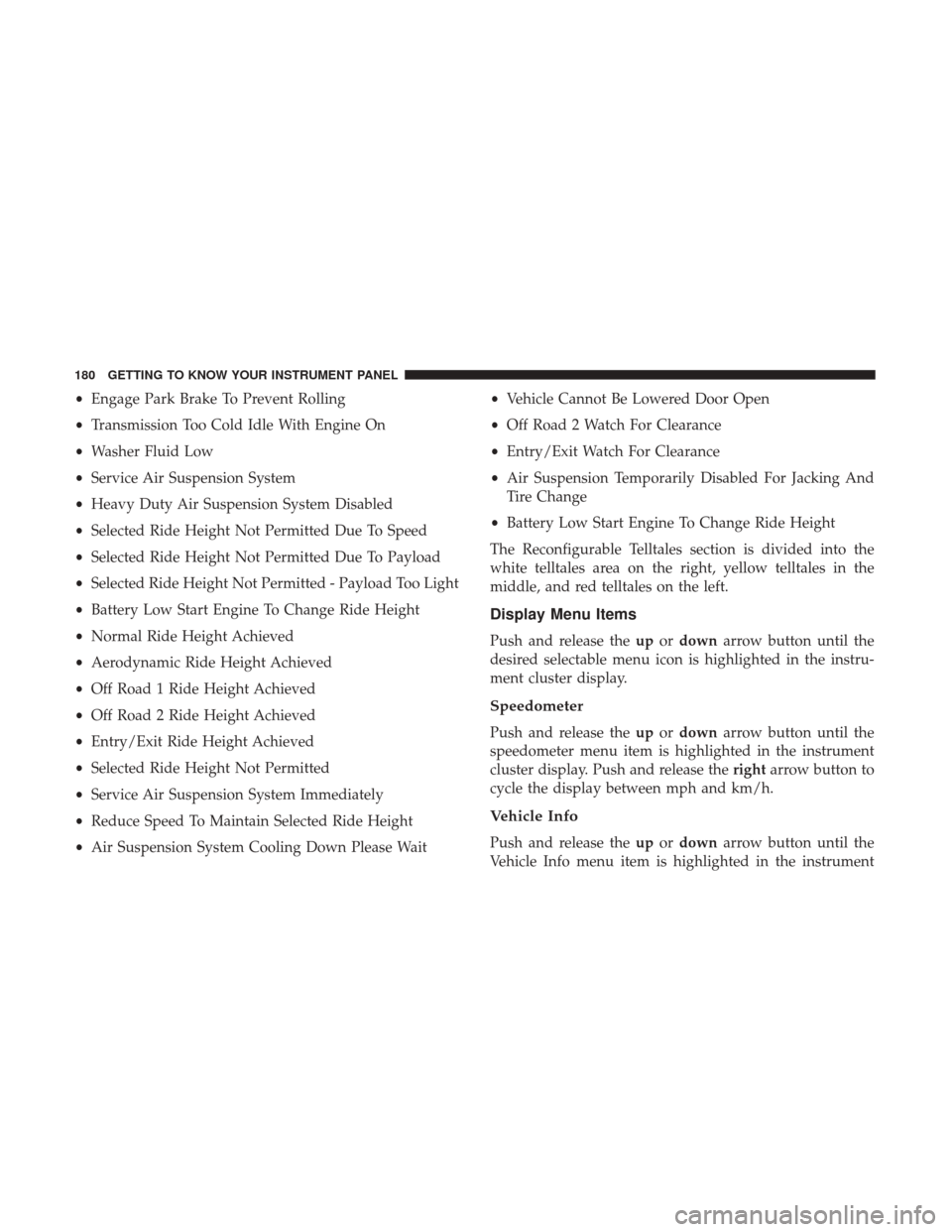 Ram 1500 2018 Owners Guide •Engage Park Brake To Prevent Rolling
• Transmission Too Cold Idle With Engine On
• Washer Fluid Low
• Service Air Suspension System
• Heavy Duty Air Suspension System Disabled
• Selected 