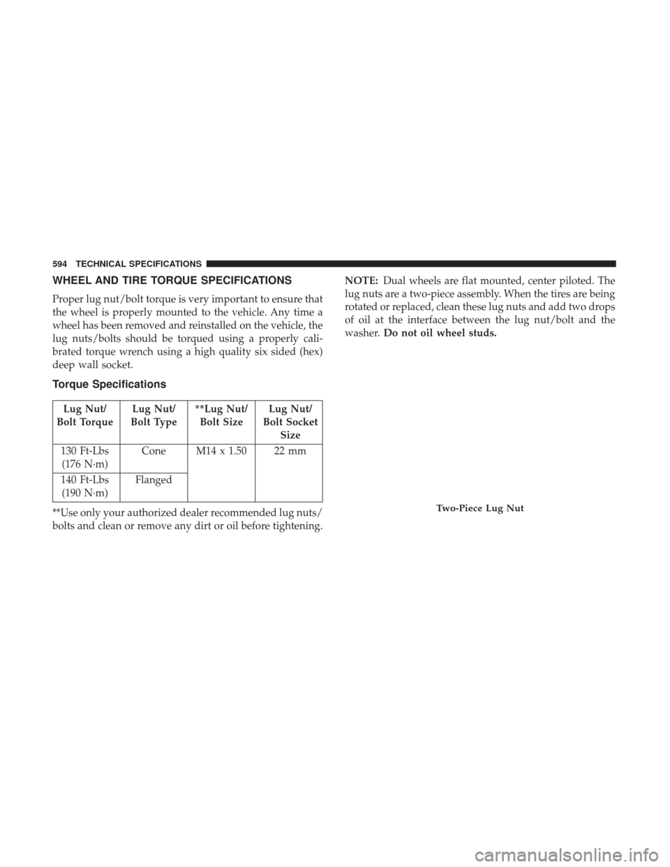 Ram 1500 2018 User Guide WHEEL AND TIRE TORQUE SPECIFICATIONS
Proper lug nut/bolt torque is very important to ensure that
the wheel is properly mounted to the vehicle. Any time a
wheel has been removed and reinstalled on the 