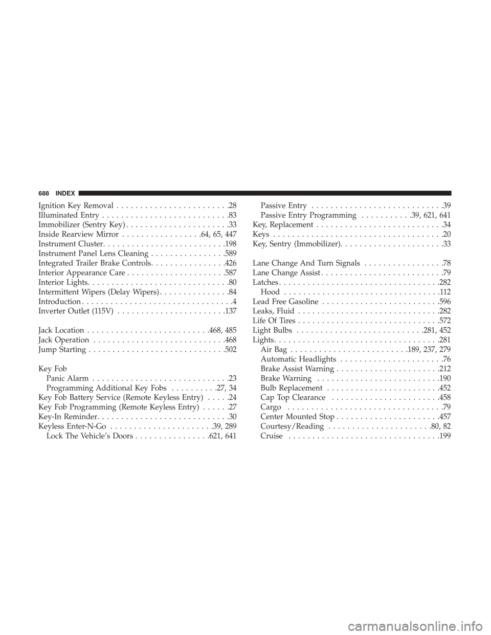 Ram 1500 2018  Owners Manual Ignition Key Removal........................28
Illuminated Entry ...........................83
Immobilizer (Sentry Key) ......................33
Inside Rearview Mirror .................64, 65, 447
Ins