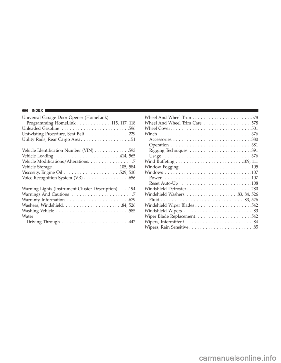 Ram 1500 2018  Owners Manual Universal Garage Door Opener (HomeLink)Programming HomeLink .............115,117,118
Unleaded Gasoline ........................ .596
Untwisting Procedure, Seat Belt ................229
Utility Rails, 