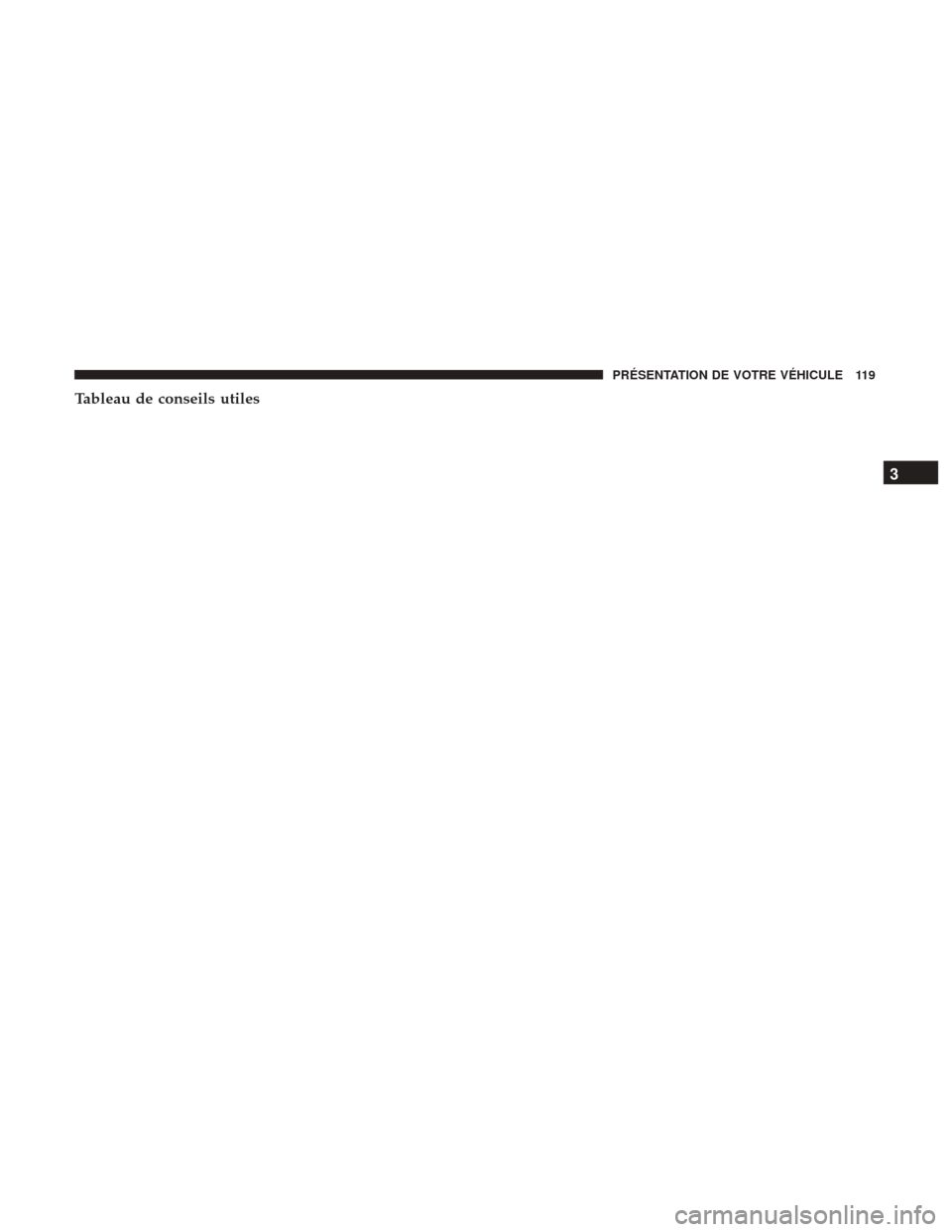 Ram 1500 2018 Manuel du propriétaire (in French) Tableau de conseils utiles
3
PRÉSENTATION DE VOTRE VÉHICULE 119 Ram 1500 2018 Manuel du propriétaire (in French) Tableau de conseils utiles
3
PRÉSENTATION DE VOTRE VÉHICULE 119