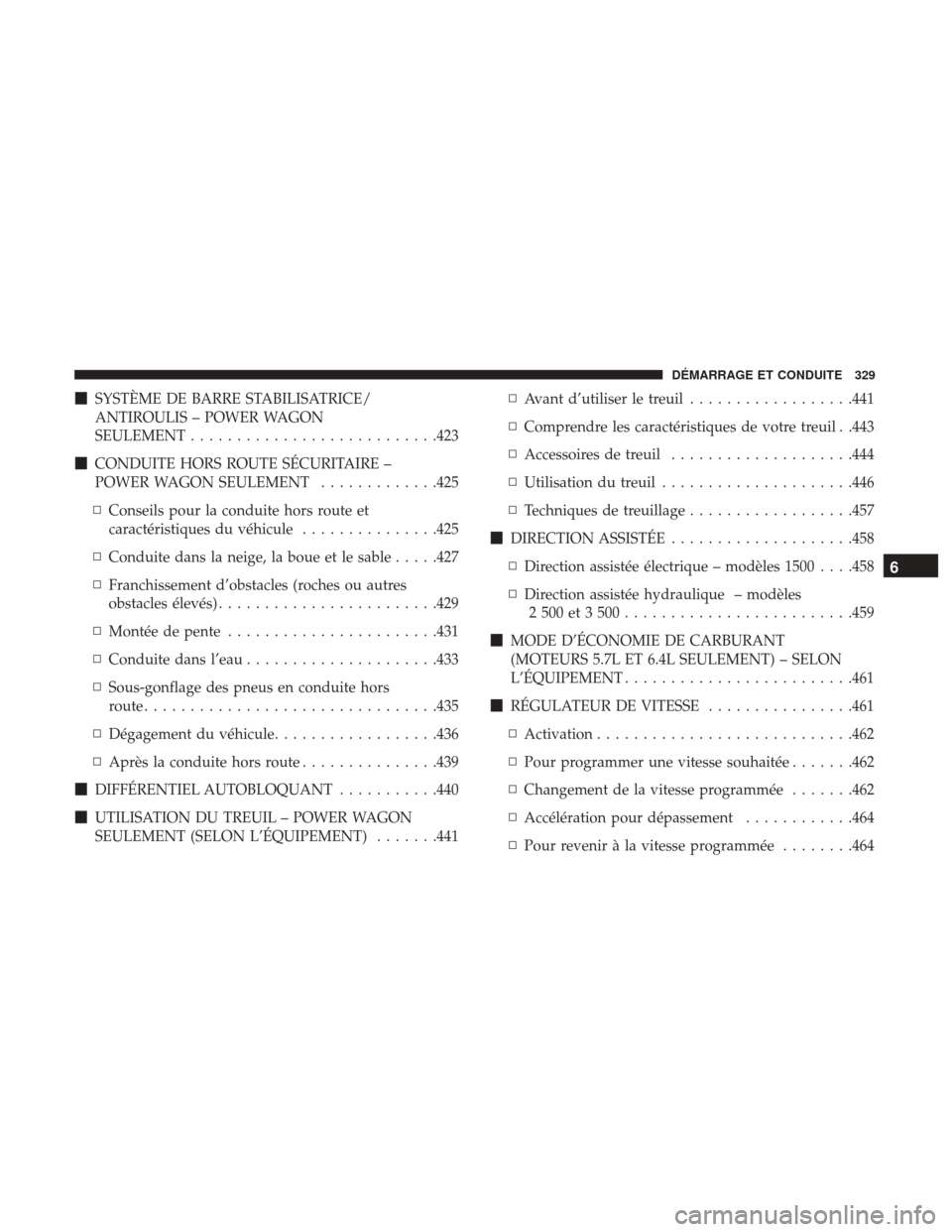 Ram 1500 2018  Manuel du propriétaire (in French)  SYSTÈME DE BARRE STABILISATRICE/
ANTIROULIS – POWER WAGON
SEULEMENT .......................... .423
 CONDUITE HORS ROUTE SÉCURITAIRE –
POWER WAGON SEULEMENT .............425
▫ Conseils pour 