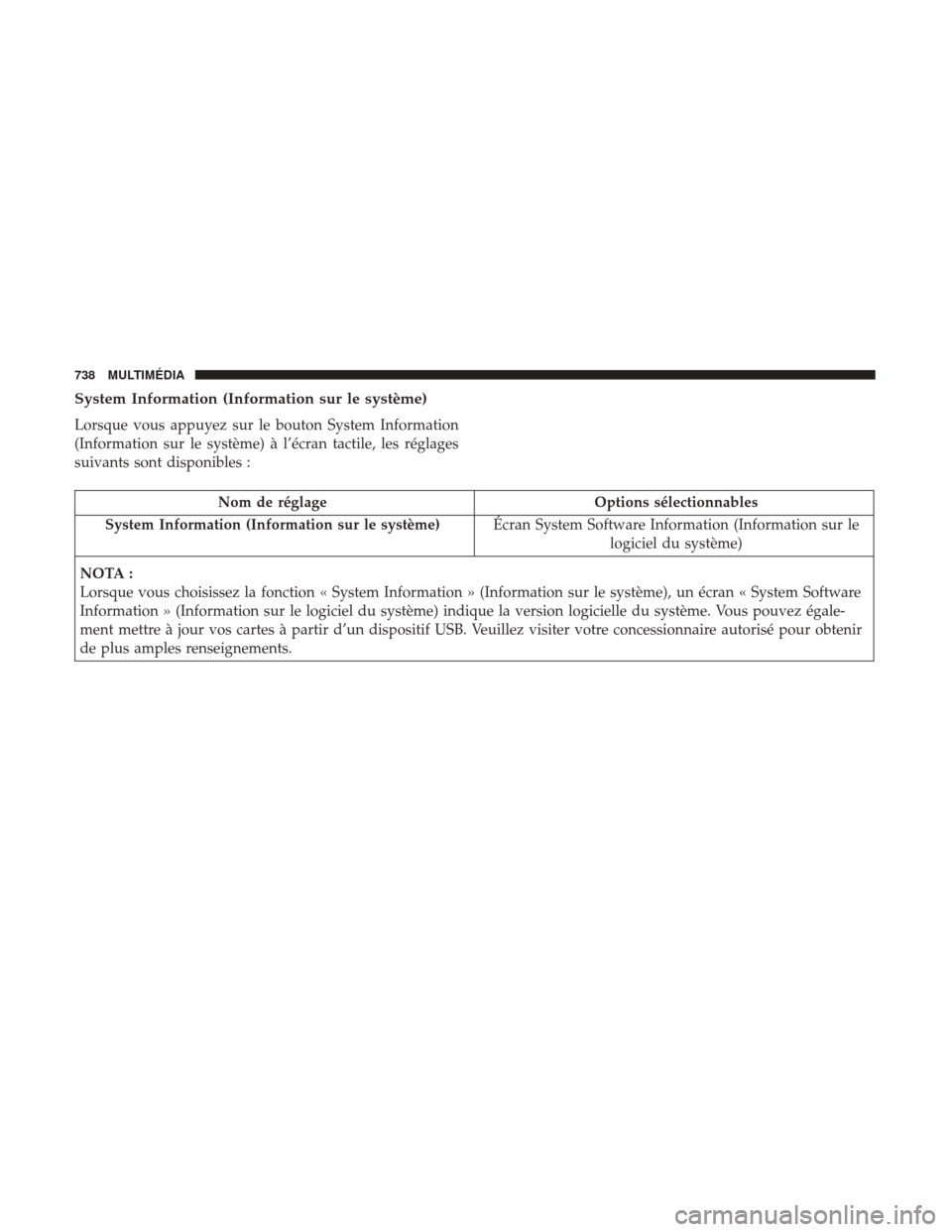 Ram 1500 2018 Manuel du propriétaire (in French) System Information (Information sur le système)
Lorsque vous appuyez sur le bouton System Information
(Information sur le système) à l’écran tactile, les réglages
suivants sont disponibles :
No Ram 1500 2018 Manuel du propriétaire (in French) System Information (Information sur le système)
Lorsque vous appuyez sur le bouton System Information
(Information sur le système) à l’écran tactile, les réglages
suivants sont disponibles :
No