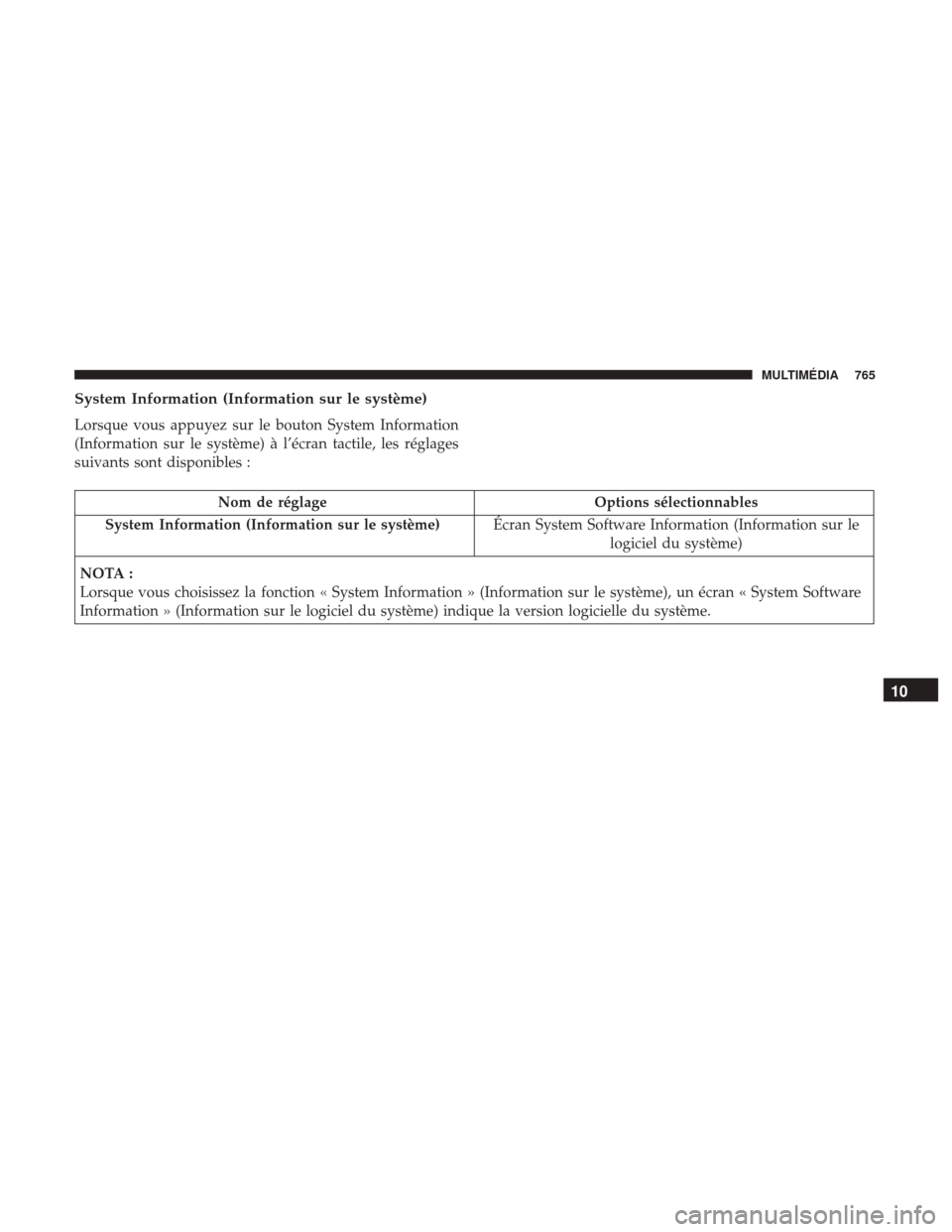 Ram 1500 2018 Manuel du propriétaire (in French) System Information (Information sur le système)
Lorsque vous appuyez sur le bouton System Information
(Information sur le système) à l’écran tactile, les réglages
suivants sont disponibles :
No Ram 1500 2018 Manuel du propriétaire (in French) System Information (Information sur le système)
Lorsque vous appuyez sur le bouton System Information
(Information sur le système) à l’écran tactile, les réglages
suivants sont disponibles :
No