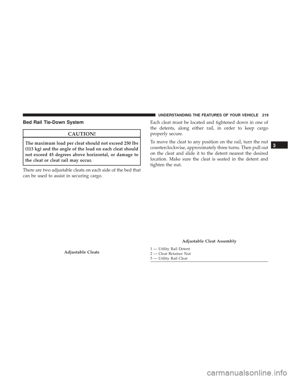 Ram 1500 2017  Owners Manual Bed Rail Tie-Down System
CAUTION!
The maximum load per cleat should not exceed 250 lbs
(113 kg) and the angle of the load on each cleat should
not exceed 45 degrees above horizontal, or damage to
the 