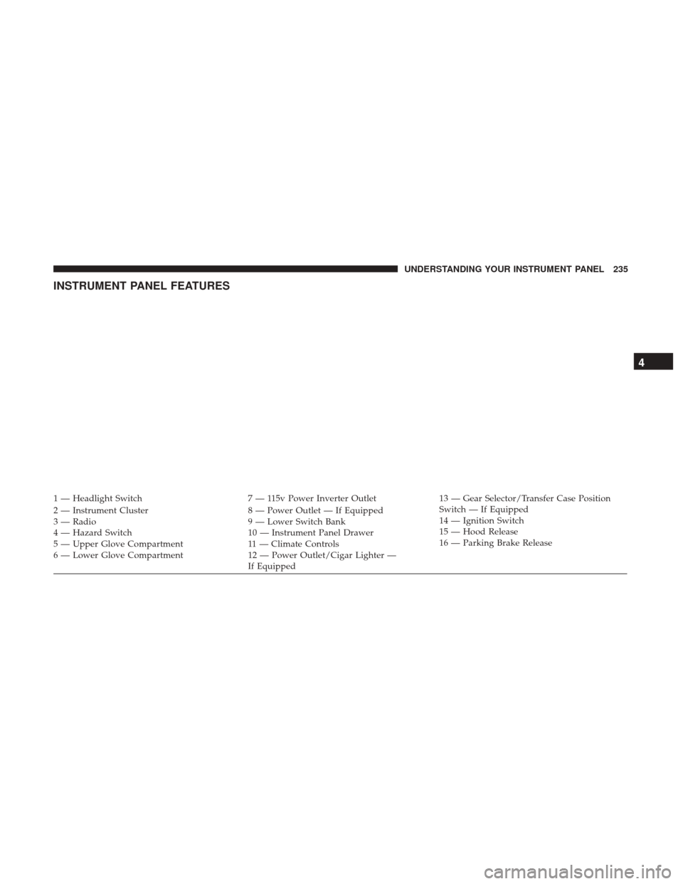 Ram 1500 2017  Owners Manual INSTRUMENT PANEL FEATURES
1 — Headlight Switch7 — 115v Power Inverter Outlet13 — Gear Selector/Transfer Case Position
Switch — If Equipped
2 — Instrument Cluster 8 — Power Outlet — If Eq