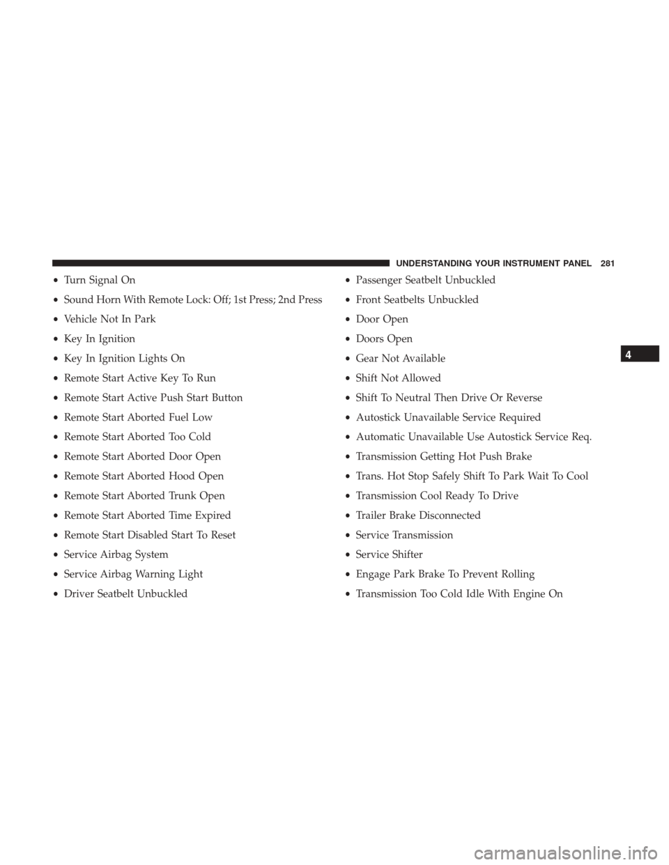 Ram 1500 2017  Owners Manual •Turn Signal On
• Sound Horn With Remote Lock: Off; 1st Press; 2nd Press
• Vehicle Not In Park
• Key In Ignition
• Key In Ignition Lights On
• Remote Start Active Key To Run
• Remote Sta