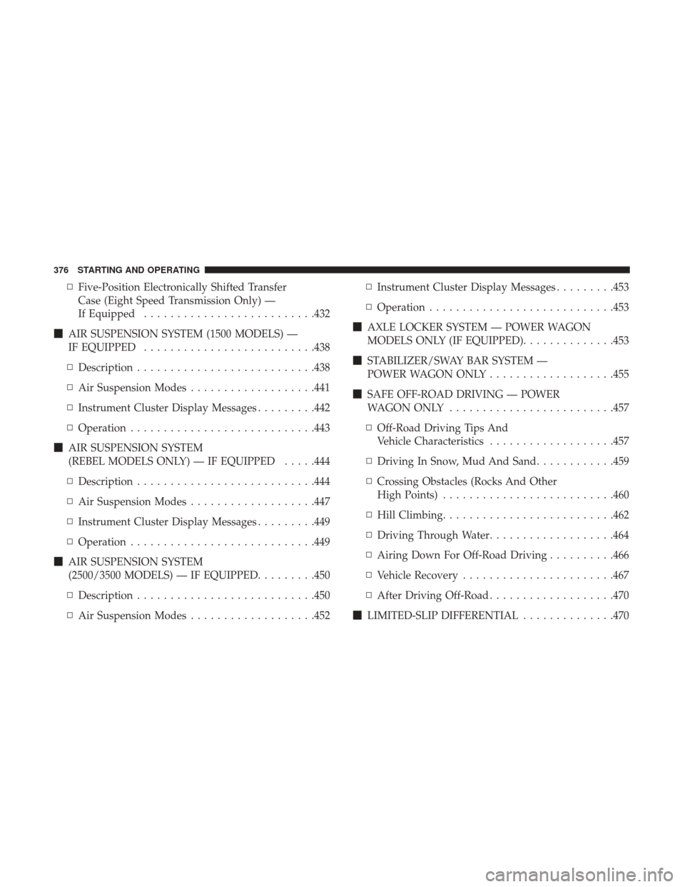 Ram 1500 2017  Owners Manual ▫Five-Position Electronically Shifted Transfer
Case (Eight Speed Transmission Only) —
If Equipped ......................... .432
 AIR SUSPENSION SYSTEM (1500 MODELS) —
IF EQUIPPED .............