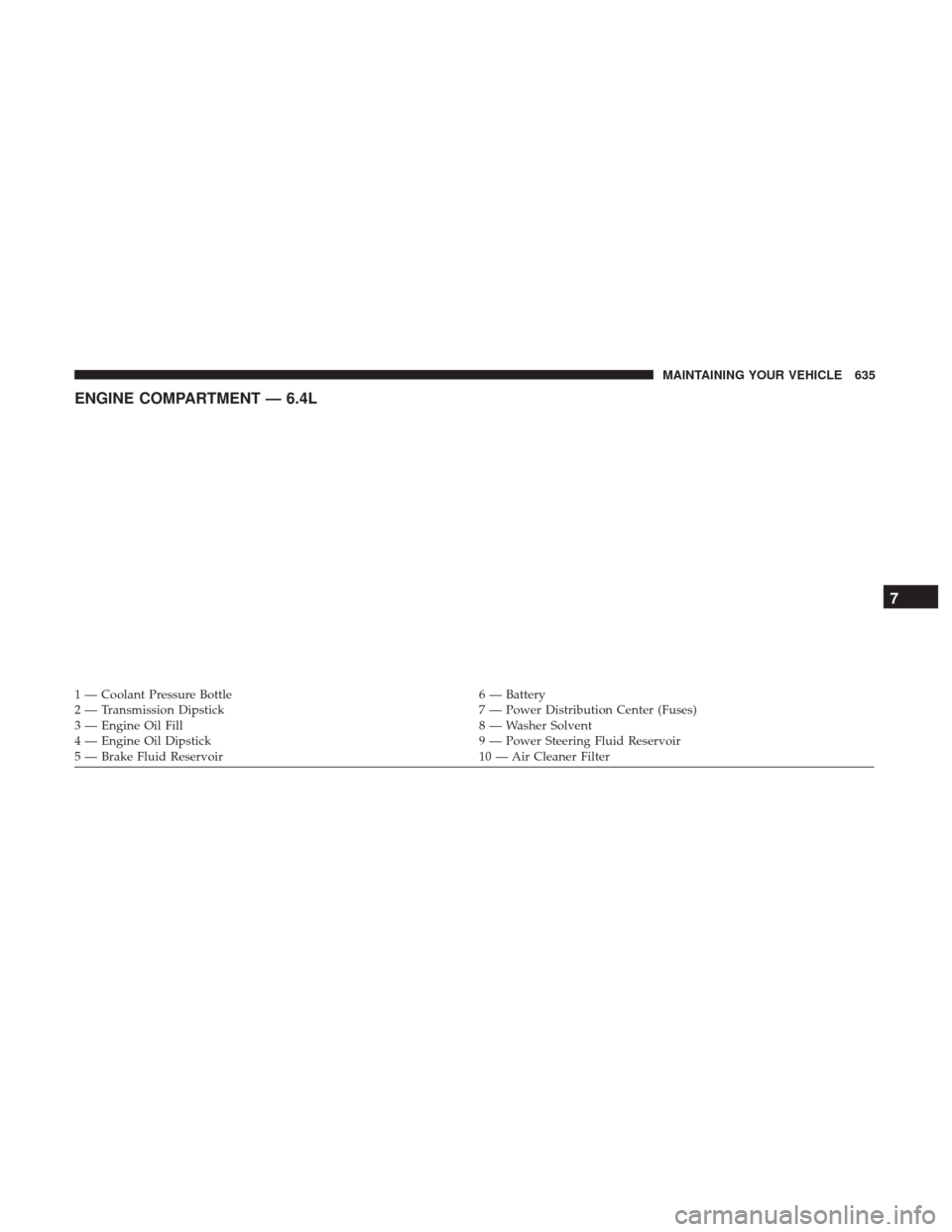 Ram 1500 2017  Owners Manual ENGINE COMPARTMENT — 6.4L
1 — Coolant Pressure Bottle6 — Battery
2 — Transmission Dipstick 7 — Power Distribution Center (Fuses)
3 — Engine Oil Fill 8 — Washer Solvent
4 — Engine Oil D