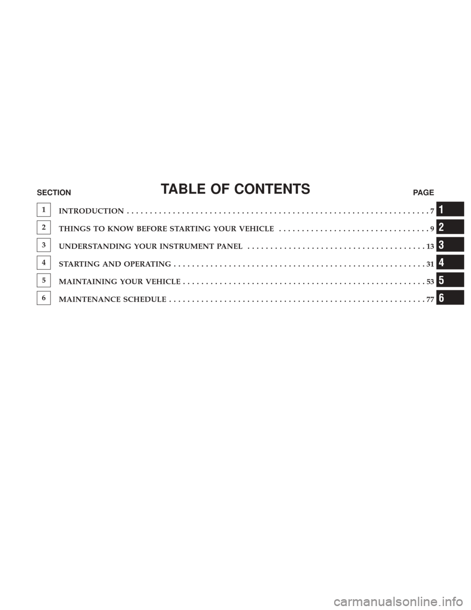 Ram 1500 2017  Diesel Supplement TABLE OF CONTENTSSECTIONPAGE
1
INTRODUCTION ..................................................................7
2
THINGS TO KNOW BEFORE STARTING YOUR VEHICLE .................................9
3
UNDER