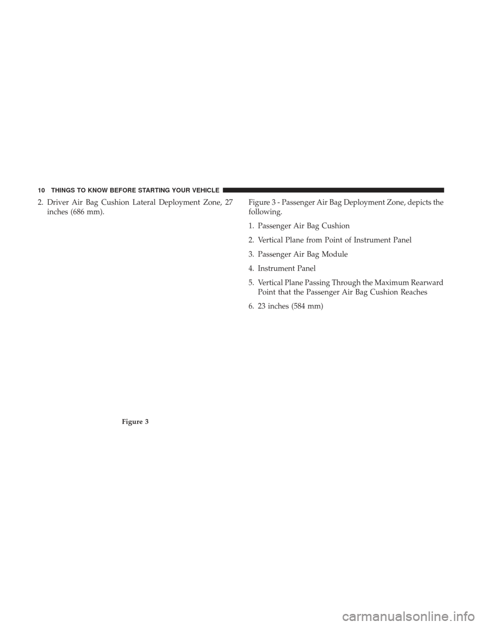 Ram 1500 2017   (Special services) User Guide 2. Driver Air Bag Cushion Lateral Deployment Zone, 27inches (686 mm). Figure 3 - Passenger Air Bag Deployment Zone, depicts the
following.
1. Passenger Air Bag Cushion
2. Vertical Plane from Point of 