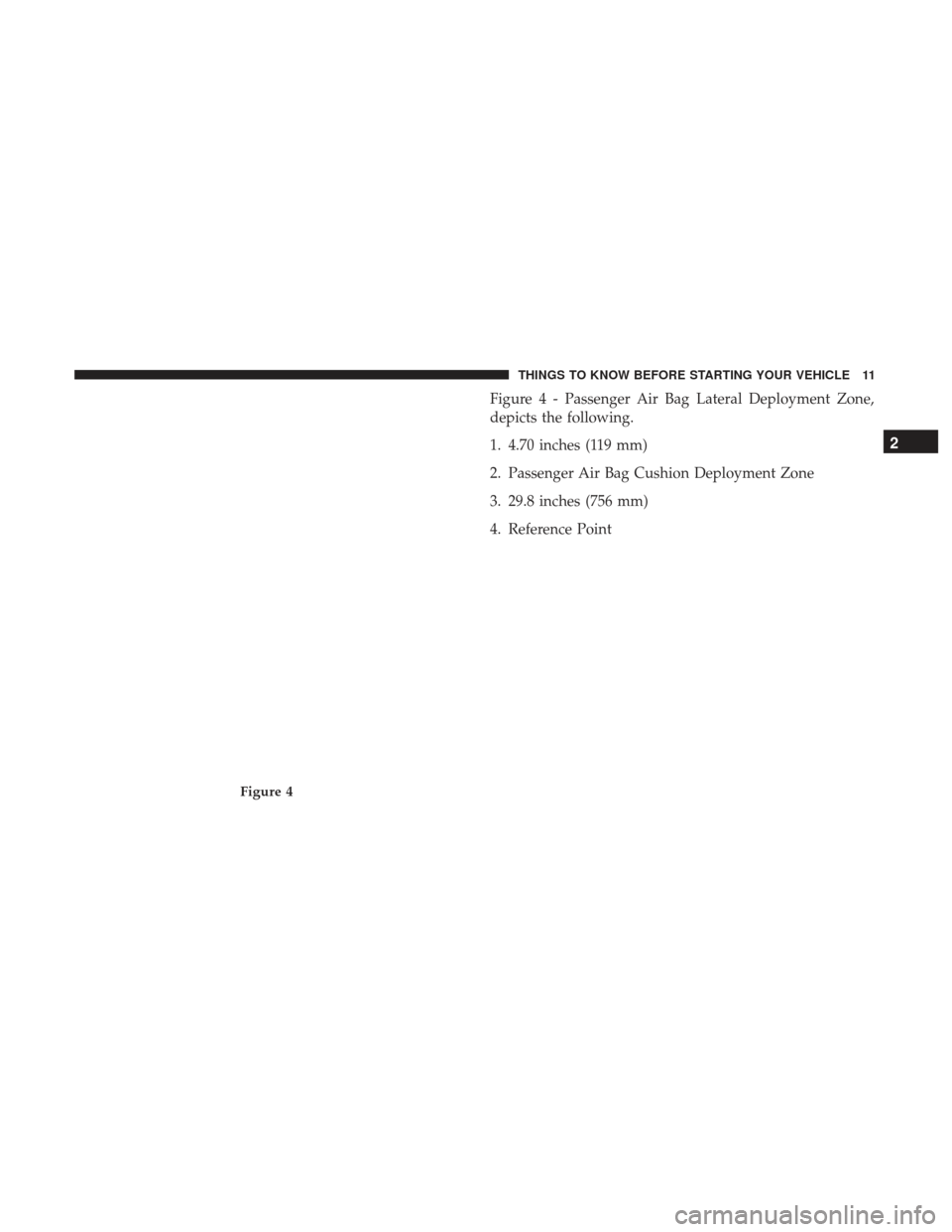 Ram 1500 2017   (Special services) User Guide Figure 4 - Passenger Air Bag Lateral Deployment Zone,
depicts the following.
1. 4.70 inches (119 mm)
2. Passenger Air Bag Cushion Deployment Zone
3. 29.8 inches (756 mm)
4. Reference Point
Figure 4
2
