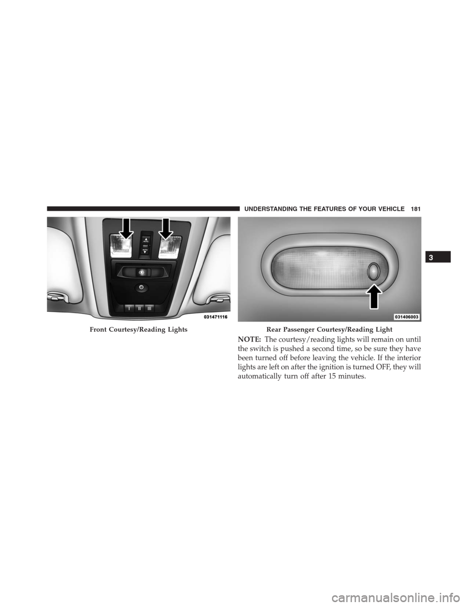 Ram 1500 2016 Owners Manual NOTE:The courtesy/reading lights will remain on until
the switch is pushed a second time, so be sure they have
been turned off before leaving the vehicle. If the interior
lights are left on after the Ram 1500 2016 Owners Manual NOTE:The courtesy/reading lights will remain on until
the switch is pushed a second time, so be sure they have
been turned off before leaving the vehicle. If the interior
lights are left on after the