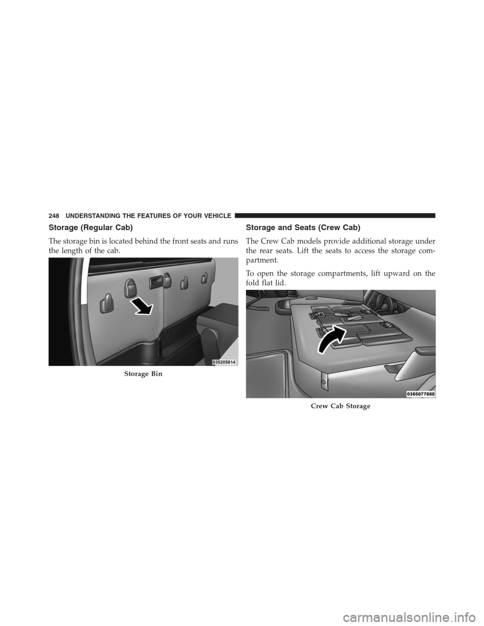 Ram 1500 2016  Owners Manual Storage (Regular Cab)
The storage bin is located behind the front seats and runs
the length of the cab.
Storage and Seats (Crew Cab)
The Crew Cab models provide additional storage under
the rear seats