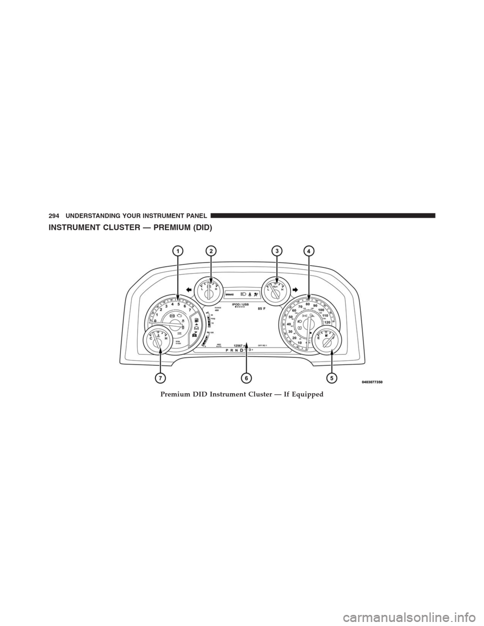 Ram 1500 2016  Owners Manual INSTRUMENT CLUSTER — PREMIUM (DID)
Premium DID Instrument Cluster — If Equipped
294 UNDERSTANDING YOUR INSTRUMENT PANEL 
