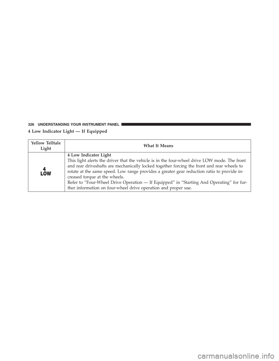 Ram 1500 2016  Owners Manual 4 Low Indicator Light — If Equipped
Yellow Telltale
LightWhat It Means
4 Low Indicator Light
This light alerts the driver that the vehicle is in the four-wheel drive LOW mode. The front
and rear dri