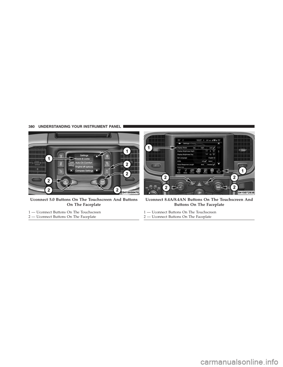 Ram 1500 2016 Owners Manual Uconnect 5.0 Buttons On The Touchscreen And Buttons
On The Faceplate
1 — Uconnect Buttons On The Touchscreen
2 — Uconnect Buttons On The Faceplate
Uconnect 8.4A/8.4AN Buttons On The Touchscreen An Ram 1500 2016 Owners Manual Uconnect 5.0 Buttons On The Touchscreen And Buttons
On The Faceplate
1 — Uconnect Buttons On The Touchscreen
2 — Uconnect Buttons On The Faceplate
Uconnect 8.4A/8.4AN Buttons On The Touchscreen An