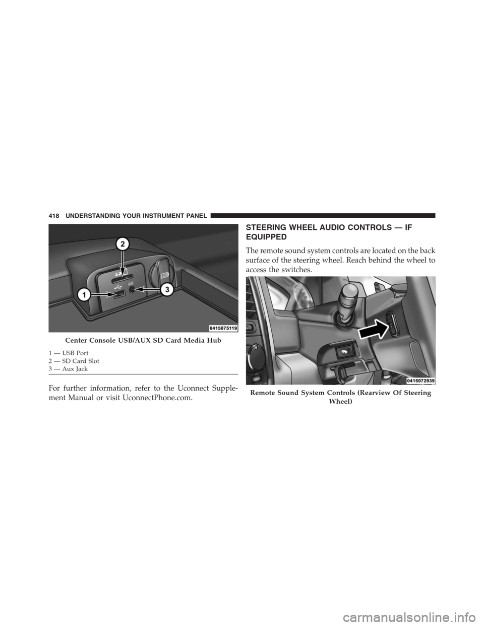 Ram 1500 2016 Owners Guide For further information, refer to the Uconnect Supple-
ment Manual or visit UconnectPhone.com.
STEERING WHEEL AUDIO CONTROLS — IF
EQUIPPED
The remote sound system controls are located on the back
su Ram 1500 2016 Owners Guide For further information, refer to the Uconnect Supple-
ment Manual or visit UconnectPhone.com.
STEERING WHEEL AUDIO CONTROLS — IF
EQUIPPED
The remote sound system controls are located on the back
su
