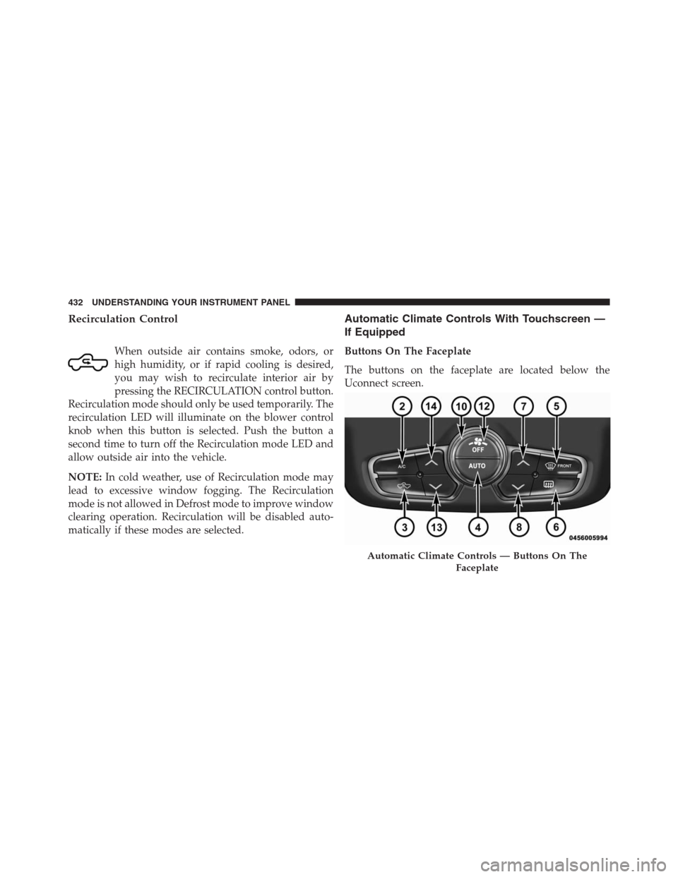 Ram 1500 2016 Owners Guide Recirculation Control
When outside air contains smoke, odors, or
high humidity, or if rapid cooling is desired,
you may wish to recirculate interior air by
pressing the RECIRCULATION control button.
R Ram 1500 2016 Owners Guide Recirculation Control
When outside air contains smoke, odors, or
high humidity, or if rapid cooling is desired,
you may wish to recirculate interior air by
pressing the RECIRCULATION control button.
R