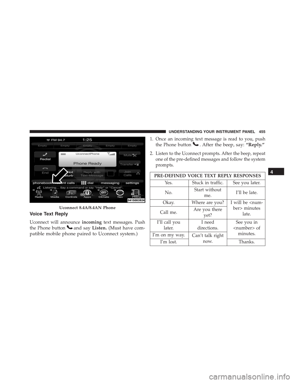 Ram 1500 2016  Owners Manual Voice Text Reply
Uconnect will announceincomingtext messages. Push
the Phone button
and sayListen.(Must have com-
patible mobile phone paired to Uconnect system.)
1. Once an incoming text message is r