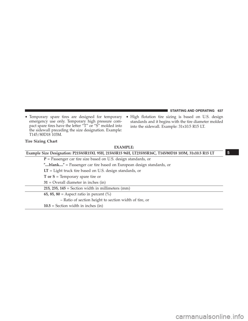 Ram 1500 2016  Owners Manual •Temporary spare tires are designed for temporary
emergency use only. Temporary high pressure com-
pact spare tires have the letter “T” or “S” molded into
the sidewall preceding the size des