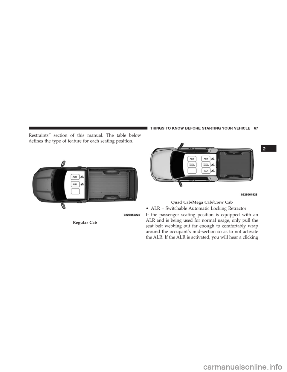 Ram 1500 2016 Repair Manual Restraints” section of this manual. The table below
defines the type of feature for each seating position.
If the passenger seating position is equipped with an
ALR and is being used for normal usag Ram 1500 2016 Repair Manual Restraints” section of this manual. The table below
defines the type of feature for each seating position.
If the passenger seating position is equipped with an
ALR and is being used for normal usag