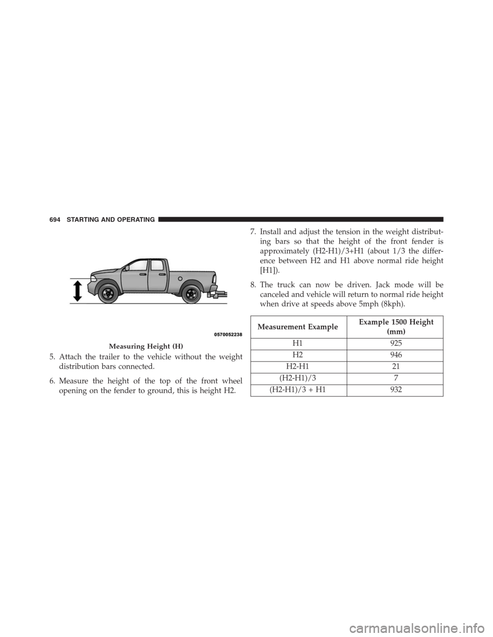 Ram 1500 2016 Owners Manual 5. Attach the trailer to the vehicle without the weight
distribution bars connected.
6. Measure the height of the top of the front wheel
opening on the fender to ground, this is height H2.7. Install a Ram 1500 2016 Owners Manual 5. Attach the trailer to the vehicle without the weight
distribution bars connected.
6. Measure the height of the top of the front wheel
opening on the fender to ground, this is height H2.7. Install a