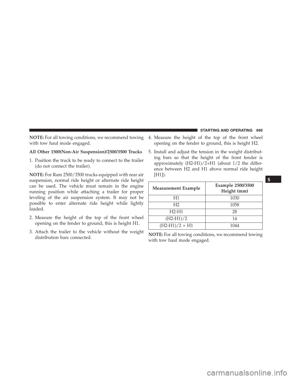Ram 1500 2016 Owners Manual NOTE:For all towing conditions, we recommend towing
with tow haul mode engaged.
All Other 1500(Non-Air Suspension)/2500/3500 Trucks
1. Position the truck to be ready to connect to the trailer
(do not Ram 1500 2016 Owners Manual NOTE:For all towing conditions, we recommend towing
with tow haul mode engaged.
All Other 1500(Non-Air Suspension)/2500/3500 Trucks
1. Position the truck to be ready to connect to the trailer
(do not