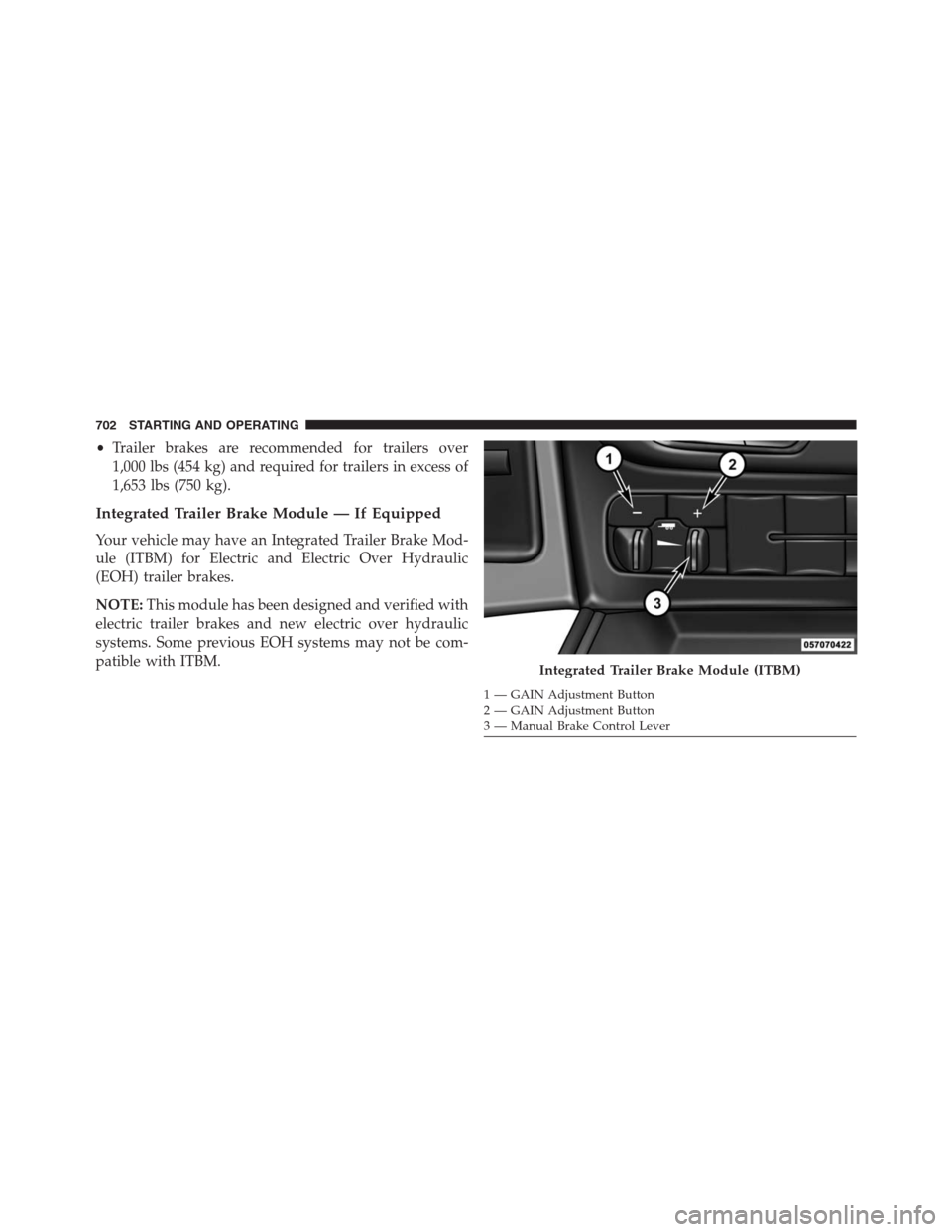 Ram 1500 2016 Owners Manual •Trailer brakes are recommended for trailers over
1,000 lbs (454 kg) and required for trailers in excess of
1,653 lbs (750 kg).
Integrated Trailer Brake Module — If Equipped
Your vehicle may have Ram 1500 2016 Owners Manual •Trailer brakes are recommended for trailers over
1,000 lbs (454 kg) and required for trailers in excess of
1,653 lbs (750 kg).
Integrated Trailer Brake Module — If Equipped
Your vehicle may have