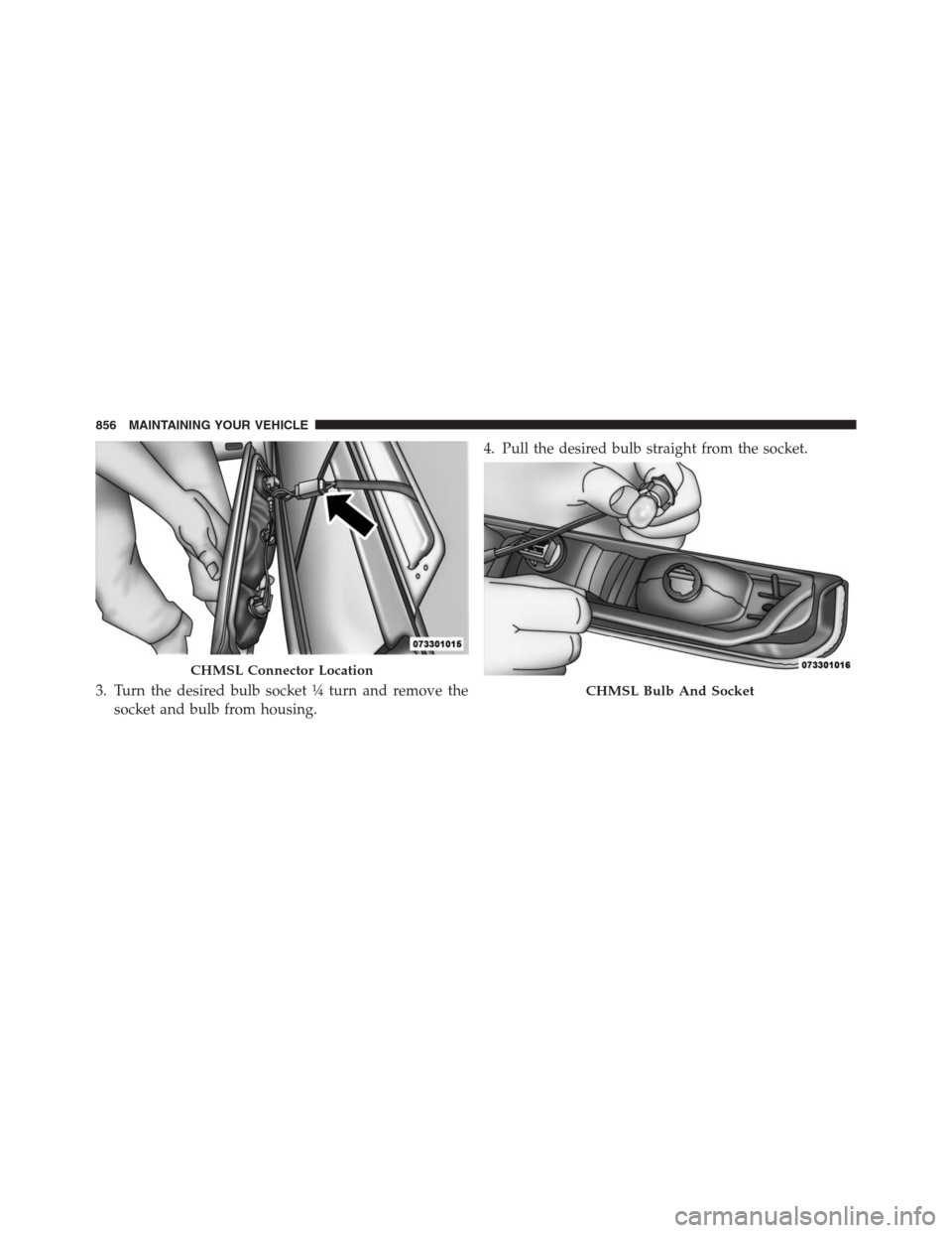 Ram 1500 2016  Owners Manual 3. Turn the desired bulb socket ¼ turn and remove the
socket and bulb from housing.4. Pull the desired bulb straight from the socket.
CHMSL Connector Location
CHMSL Bulb And Socket
856 MAINTAINING YO