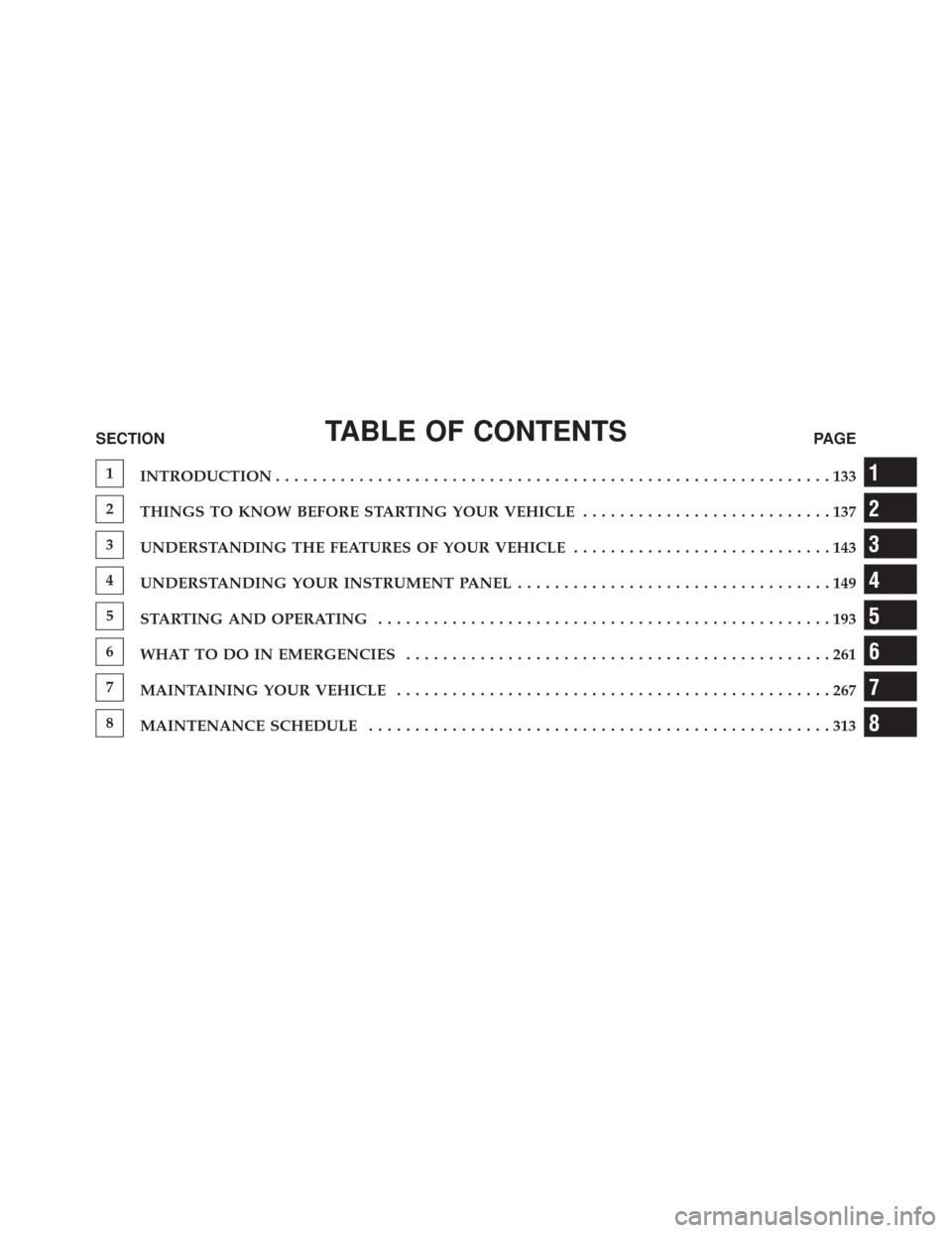 Ram 1500 2016  Diesel Supplement TABLE OF CONTENTSSECTIONPAGE
1
INTRODUCTION ............................................................133
2
THINGS TO KNOW BEFORE STARTING YOUR VEHICLE ...........................137
3
UNDERSTANDING