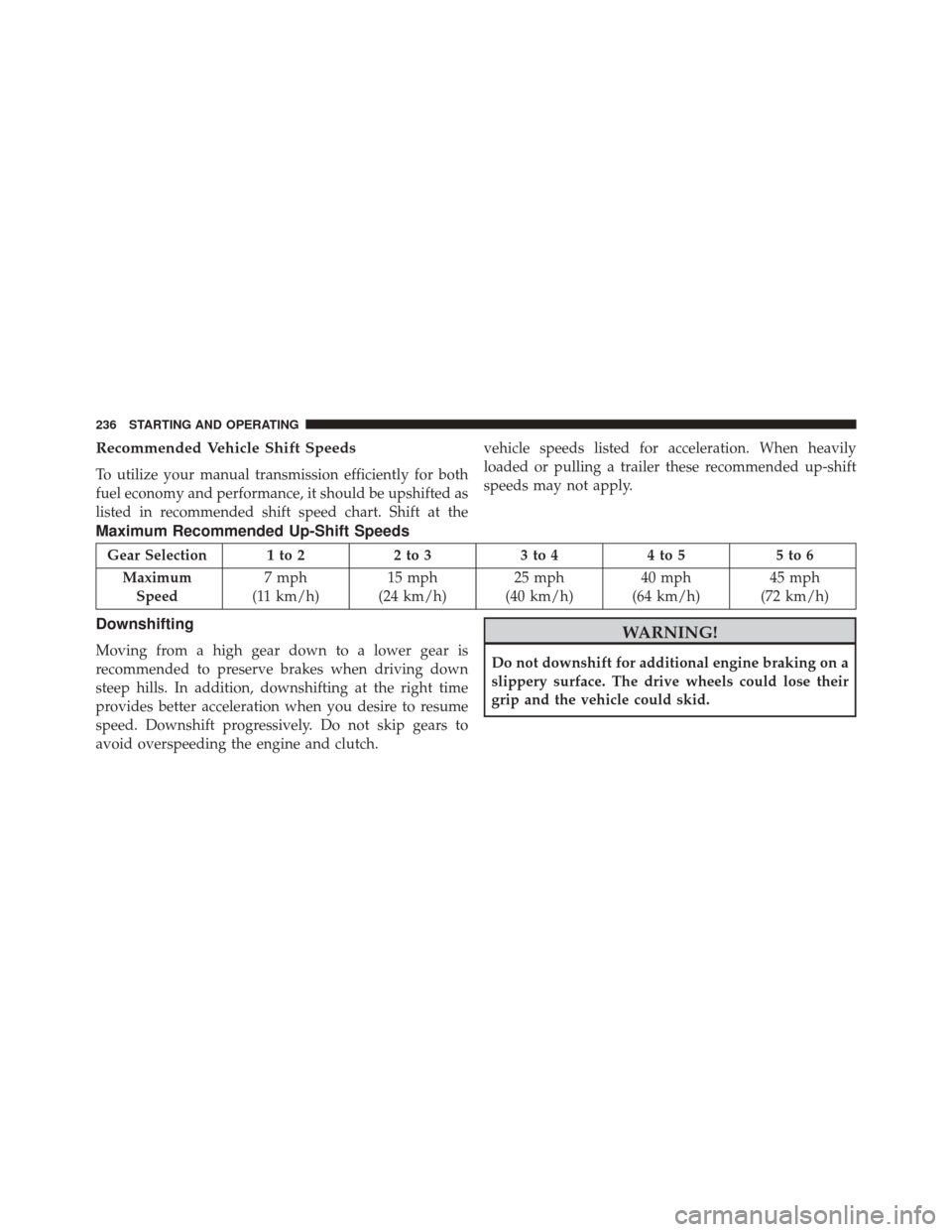 Ram 1500 2016  Diesel Supplement Recommended Vehicle Shift Speeds
To utilize your manual transmission efficiently for both
fuel economy and performance, it should be upshifted as
listed in recommended shift speed chart. Shift at thev