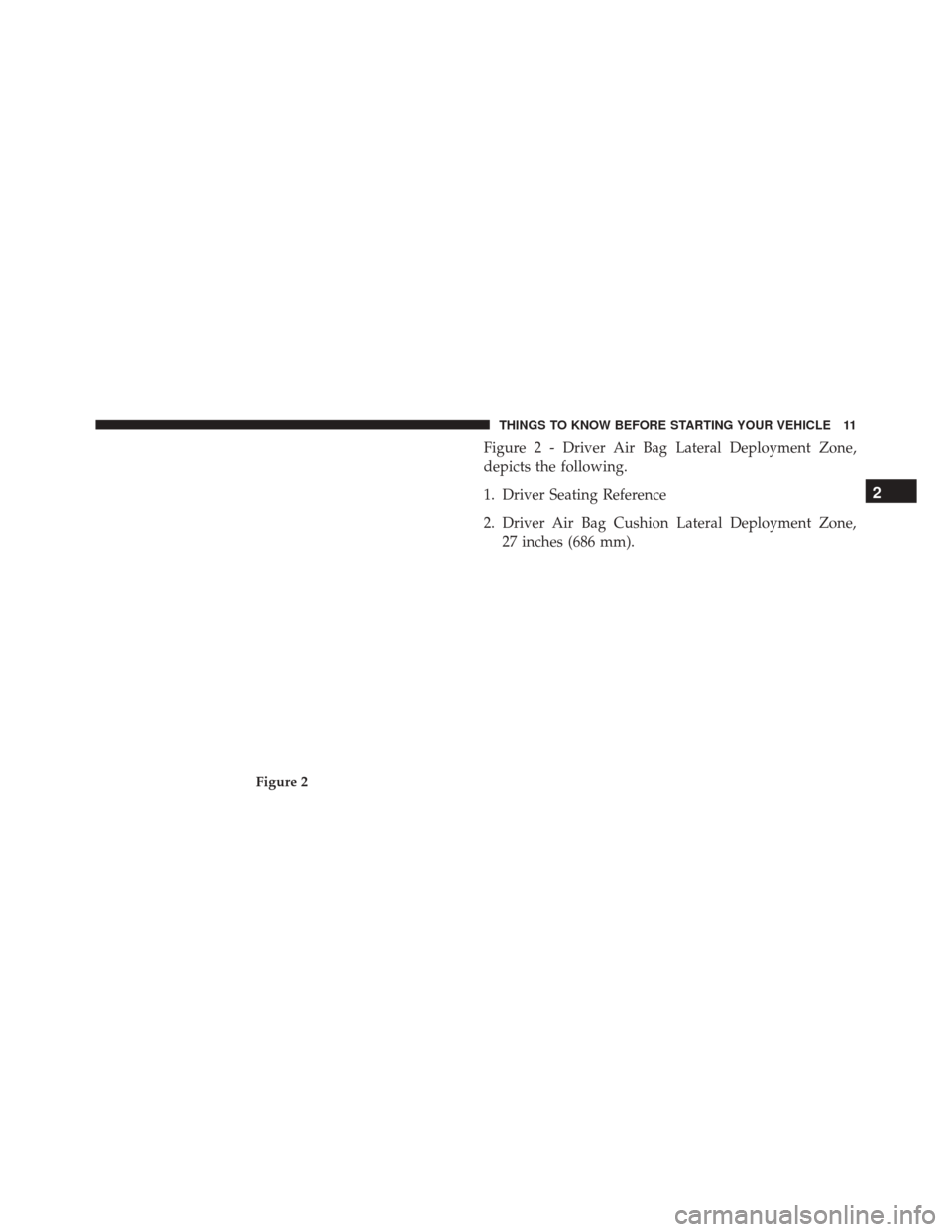 Ram 1500 2016   (Special services) User Guide Figure 2 - Driver Air Bag Lateral Deployment Zone,
depicts the following.
1. Driver Seating Reference
2. Driver Air Bag Cushion Lateral Deployment Zone,27 inches (686 mm).
Figure 2
2
THINGS TO KNOW BE