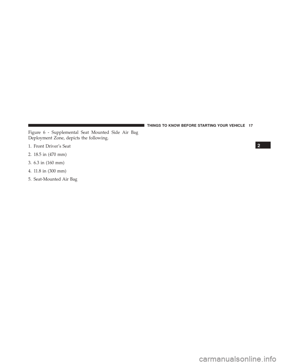 Ram 1500 2016   (Special services) User Guide Figure 6 - Supplemental Seat Mounted Side Air Bag
Deployment Zone, depicts the following.
1. Front Driver’s Seat
2. 18.5 in (470 mm)
3. 6.3 in (160 mm)
4. 11.8 in (300 mm)
5. Seat-Mounted Air Bag
2
