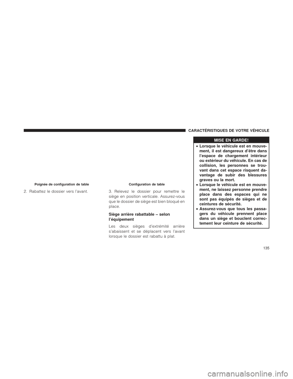 Ram 1500 2016 Manuel du propriétaire (in French) 2. Rabattez le dossier vers l’avant.3. Relevez le dossier pour remettre le
siège en position verticale. Assurez-vous
que le dossier de siège est bien bloqué en
place.
Siège arrière rabattable â Ram 1500 2016 Manuel du propriétaire (in French) 2. Rabattez le dossier vers l’avant.3. Relevez le dossier pour remettre le
siège en position verticale. Assurez-vous
que le dossier de siège est bien bloqué en
place.
Siège arrière rabattable â