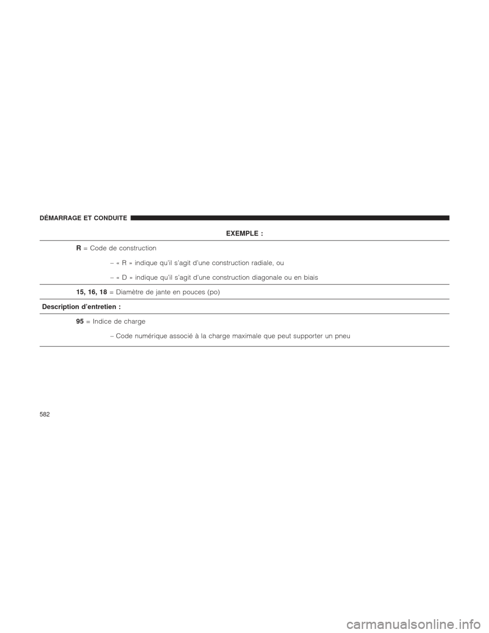 Ram 1500 2016 Manuel du propriétaire (in French) EXEMPLE :
R = Code de construction
–«R»indique qu’il s’agit d’une construction radiale, ou
–«D»indique qu’il s’agit d’une construction diagonale ou en biais
15, 16, 18 = Diamètre Ram 1500 2016 Manuel du propriétaire (in French) EXEMPLE :
R = Code de construction
–«R»indique qu’il s’agit d’une construction radiale, ou
–«D»indique qu’il s’agit d’une construction diagonale ou en biais
15, 16, 18 = Diamètre